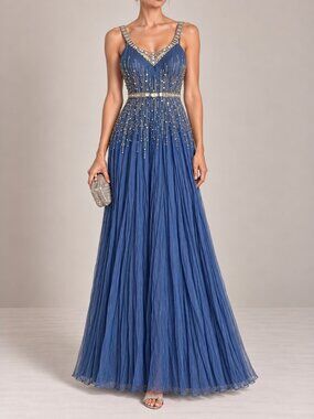 Mignon Dress VM570 Carbon Blue 100% Silk Grecian Beaded Crystals Gown SZ 12 NWT